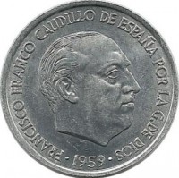 Монета 10 сентимов. 1959 год, Испания.