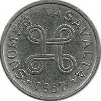 Монета 1 марка. 1957 год, Финляндия. 