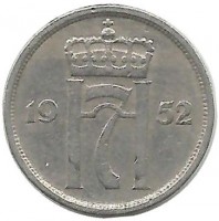 Монета 10 эре.  1952 год, Норвегия.  