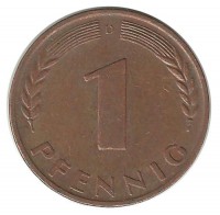 Монета 1 пфенниг. 1950 год (D), ФРГ. (Дубовые листья)