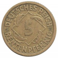 Монета 5 рентенпфеннигов. 1924 (F) год, Веймарская республика.
