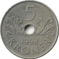 Монета 5 крон. 1998 год, Норвегия.