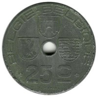 Монета 25 сантимов. 1942 год, Бельгия (Belgie-Belgique).