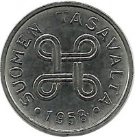 Монета 1 марка. 1958 год, Финляндия. 