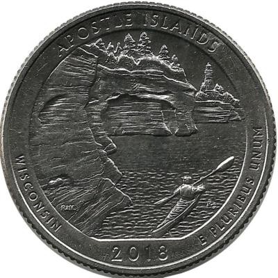 Национальные озёрные побережья островов Апостол (Apostle Islands). Монета 25 центов (квотер), (S). 2018 год, США. UNC.
