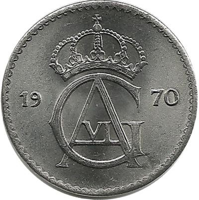 Монета 10 эре. 1970 год, Швеция. (U).