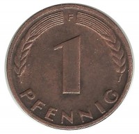 Монета 1 пфенниг. 1950 год (F), ФРГ. (Дубовые листья)