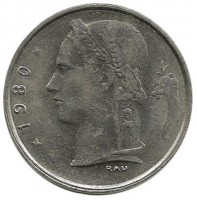 Монета 1 франк.  1980 год, Бельгия.  (Belgique)