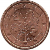 Монета 1 цент. 2002 год (D), Германия. UNC.