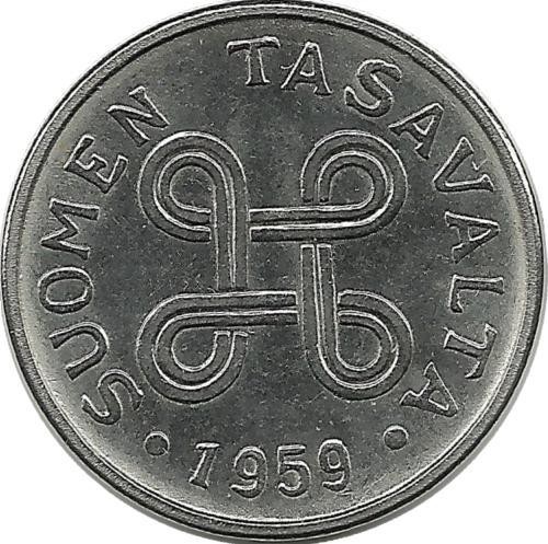Монета 1 марка. 1959 год, Финляндия. 