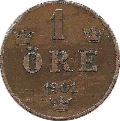 Монета 1 эре.1901 год, Швеция.