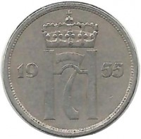 Монета 10 эре. 1955 год, Норвегия.   