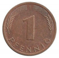 Монета 1 пфенниг. 1995 год (F), ФРГ. (Дубовые листья)