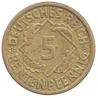 Монета 5 рентенпфеннигов. 1924 (J) год, Веймарская республика.