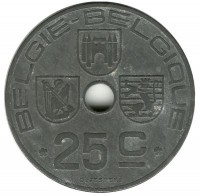 Монета 25 сантимов. 1943 год, Бельгия.  (Belgie-Belgique).
