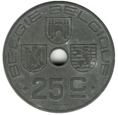 Монета 25 сантимов. 1943 год, Бельгия.  (Belgie-Belgique).