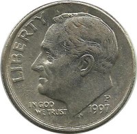Франклин Д. Рузвельт. Монета 10 центов 1997г. (P.), CША. 