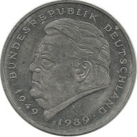 Франц Йозеф Штраус. 40 лет Федеративной Республике (1949-1989). Монета 2 марки. 1994 год, Монетный двор - Штутгарт (F). ФРГ.