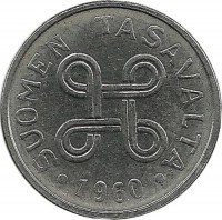 Монета 1 марка. 1960 год, Финляндия. 