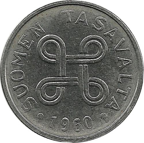 Монета 1 марка. 1960 год, Финляндия. 