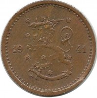 Монета 50 пенни.1941 год, Финляндия.(медь).