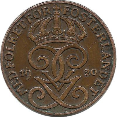 Монета 1 эре.1920 год, Швеция.