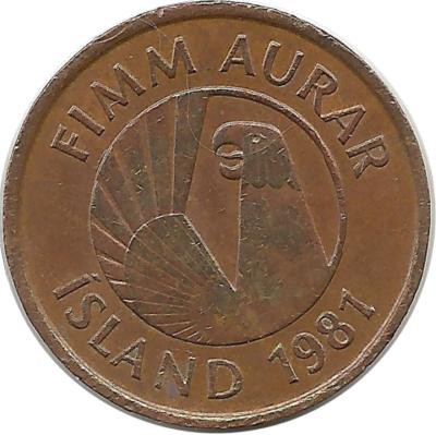 Монета 5 эйре. 1981 год,  Гладкий Скат. Исландия.  