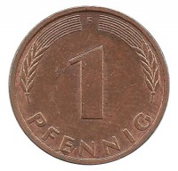 Монета 1 пфенниг. 1991 год (F), ФРГ. (Дубовые листья)