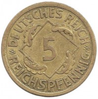 Монета 5 рейхспфеннигов.  1925 (А) год, Веймарская республика.