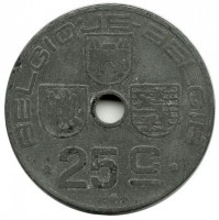Монета 25 сантимов. 1943 год, Бельгия (Belgique-Belgie).