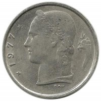 Монета 1 франк.  1977 год, Бельгия.  (Belgique)