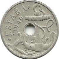 Монета 50 сентимов. 1949 год, Испания.