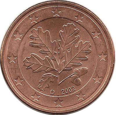 Монета 5 центов. 2002 год (D), Германия. UNC.