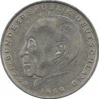 Конрад Аденауэр. 20 лет Федеративной Республике (1949-1969). Монета 2 марки. 1970 год. Монетный двор - Мюнхен (D). ФРГ.