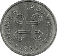 Монета 1 марка. 1961 год, Финляндия. 