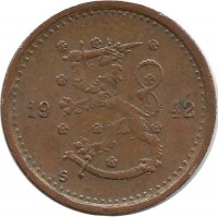 Монета 50 пенни.1942 год, Финляндия.(медь). ( " S"  - Приспущена).