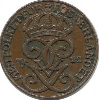 Монета 1 эре.1922 год, Швеция.