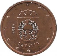 ​Монета 1 цент, 2014 год, Латвия. 