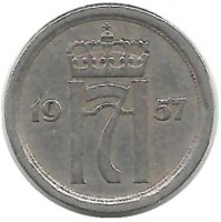 Монета 10 эре. 1957 год, Норвегия.   