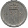 Монета 10 эре. 1957 год, Норвегия.   