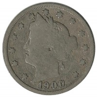 Монета 5 центов 1900г. CША. 