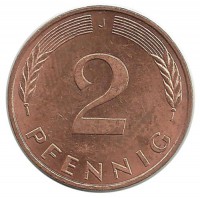 Монета 2 пфеннига. 1991 год (J), ФРГ. (Дубовые листья)