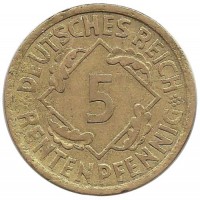 Монета 5 рентенпфеннигов. 1924 (А) год, Веймарская республика.