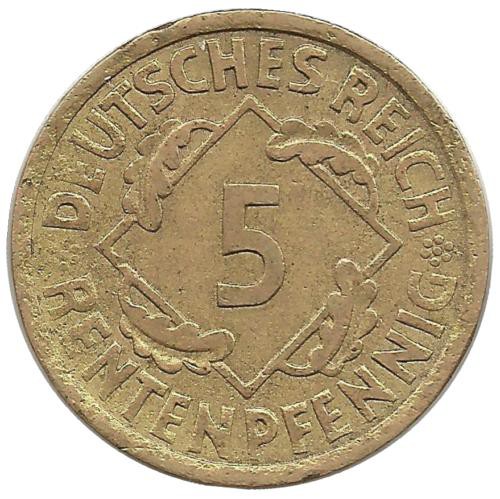 Монета 5 рентенпфеннигов. 1924 (А) год, Веймарская республика.