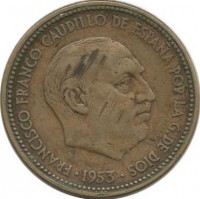 Монета 2,5 песеты. 1953 год, Испания.
