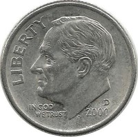 Франклин Д. Рузвельт. Монета 10 центов 2000г. (D.), CША. 