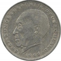 Конрад Аденауэр. 20 лет Федеративной Республике (1949-1969). Монета 2 марки. 1972  год,  Монетный двор - Штутгарт (F). ФРГ.