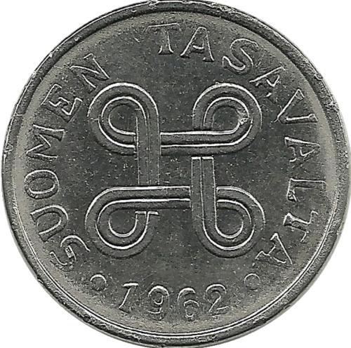 Монета 1 марка. 1962 год, Финляндия. 