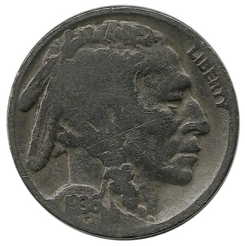 Бизон. Индеец. Монета 5 центов 1936г. (Филадельфия)  CША. 