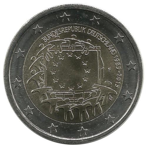 30 лет Флагу Европы. Монета 2 евро, 2015 год, (F) . Германия. UNC.